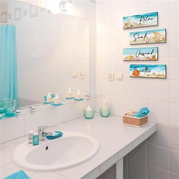 4 Pieces Ocean Beach Bathroom Wall Decors Wood Relax Soak Unwind Breathe